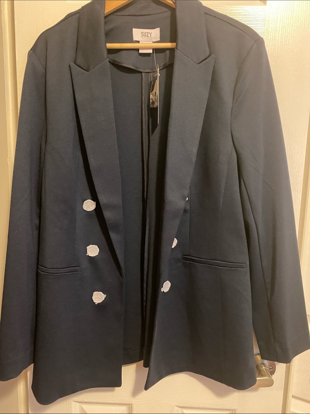 Suzy Shier Navy Double-Breasted Suit Jacket